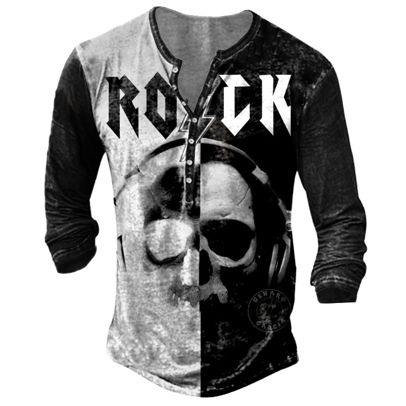Men's Rock Skull Colorblock Print Chic Henley T-shirt
