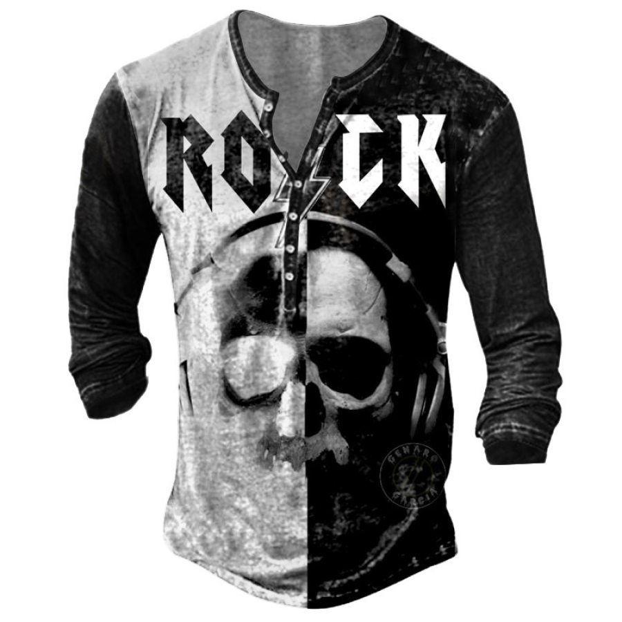 

Men's Rock Skull Colorblock Print Henley T-Shirt