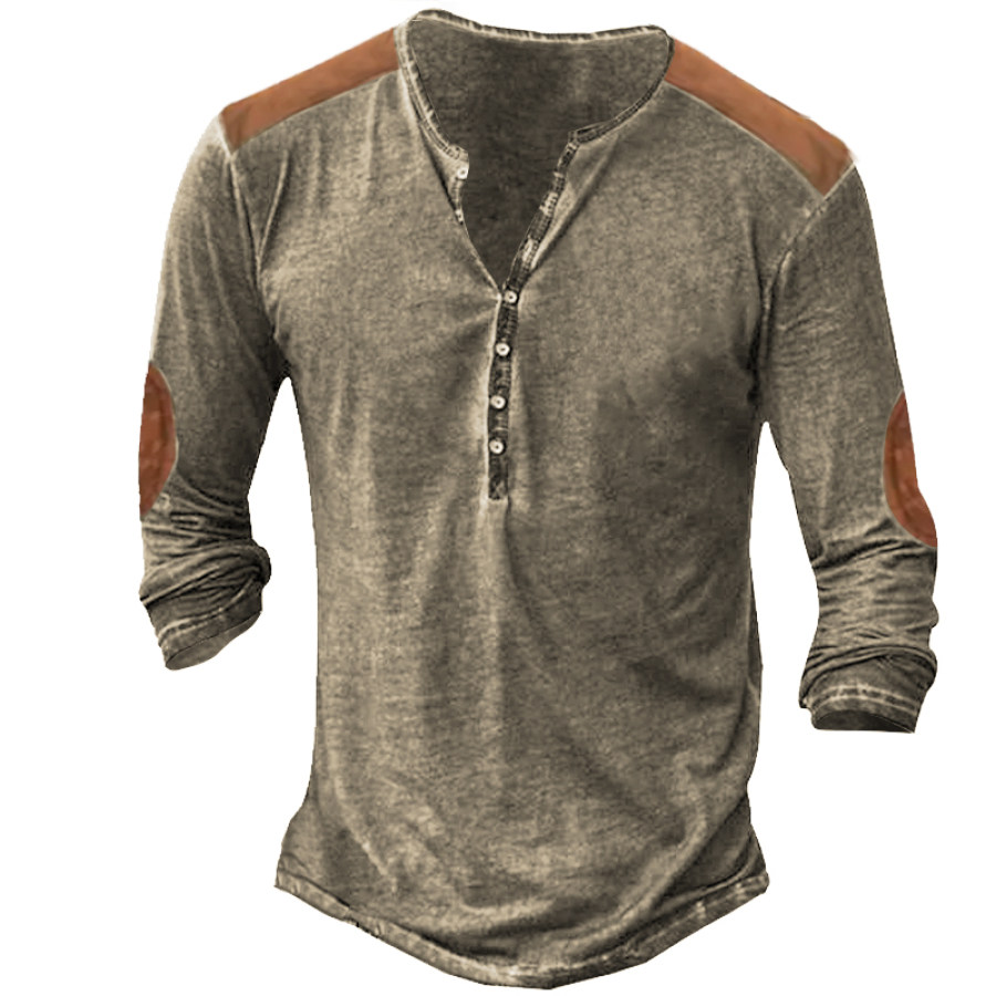 

Camiseta Masculina Manga Longa Henley Com Costura Retrô E Cor Contrastante