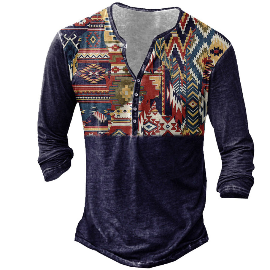 

Men's Vintage Ethnic Print Henley T-Shirt