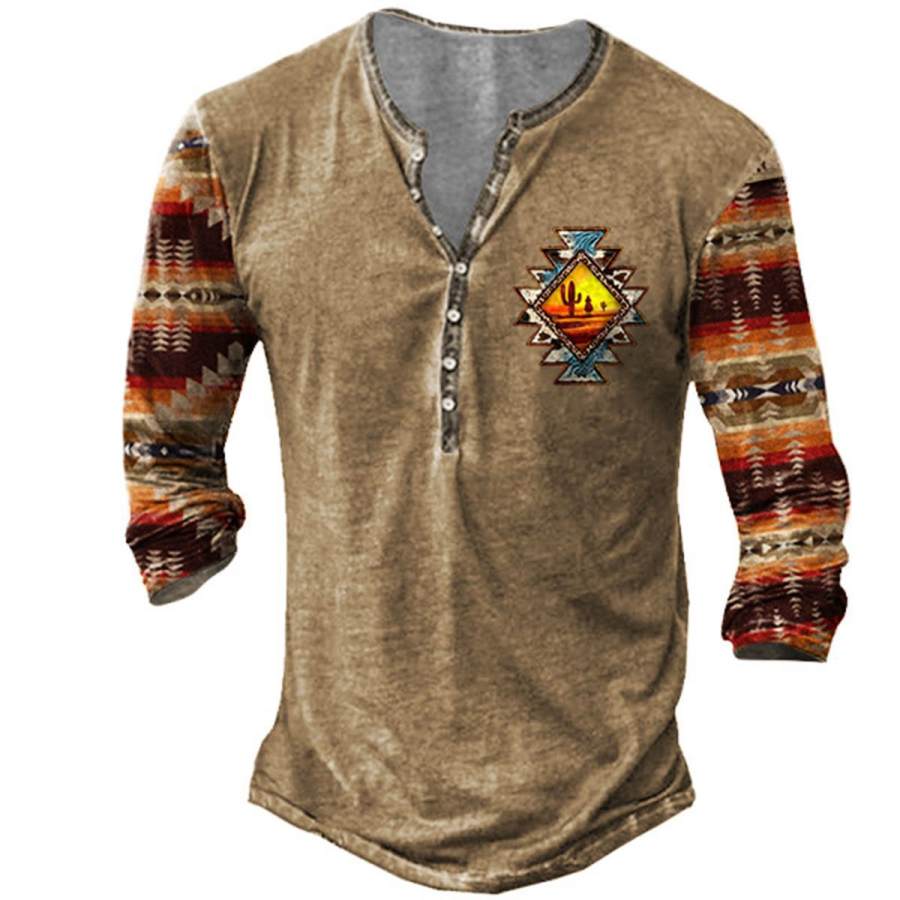

Men's Vintage Western Ethnic Print Henley T-Shirt