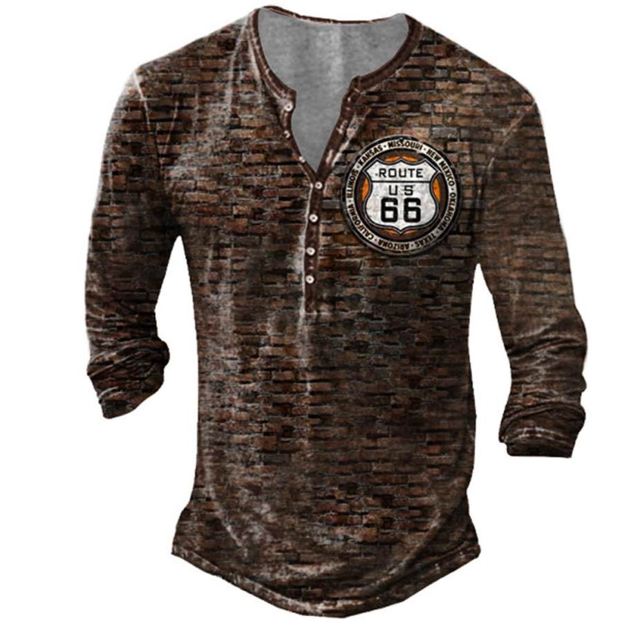 

Men's Vintage Route 66 Print Henley T-Shirt