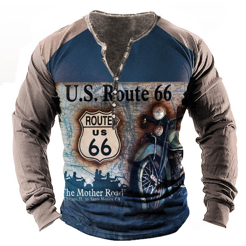 Men's Route 66 Motorcycle Print Chic Henley Cotton T-shirt
