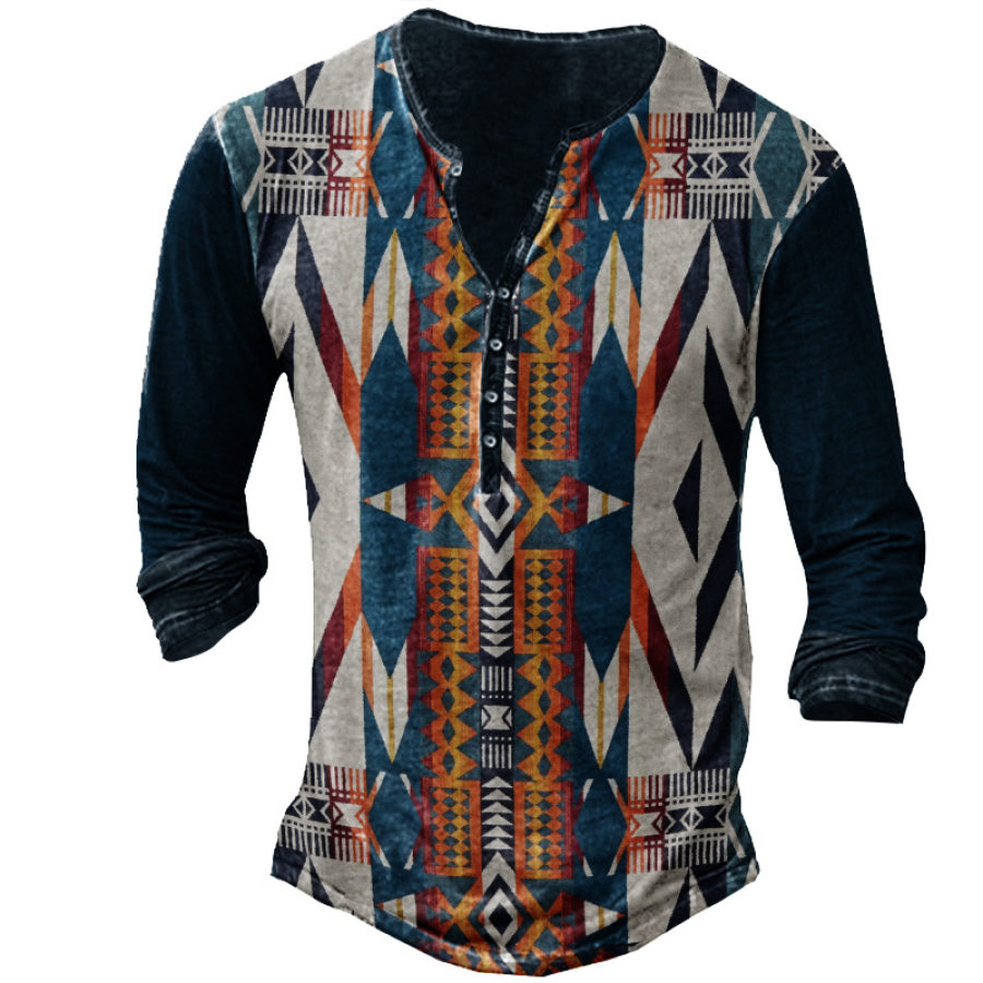 

Men's Vintage Ethnic Graphic Print Henley Cotton T-Shirt