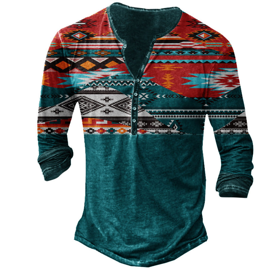

Men's Vintage Ethnic Graphic Print Henley Cotton T-Shirt