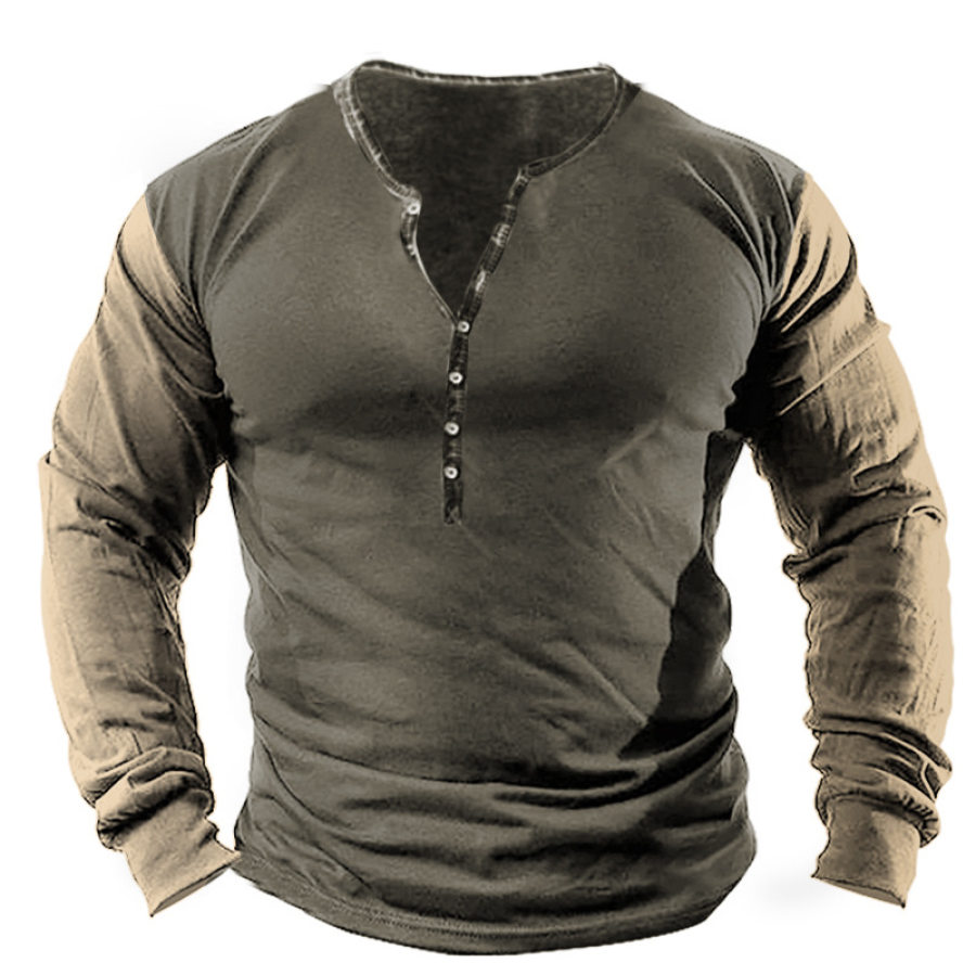 

Men's Outdoor Vintage Contrast Color Henley Cotton T-Shirt