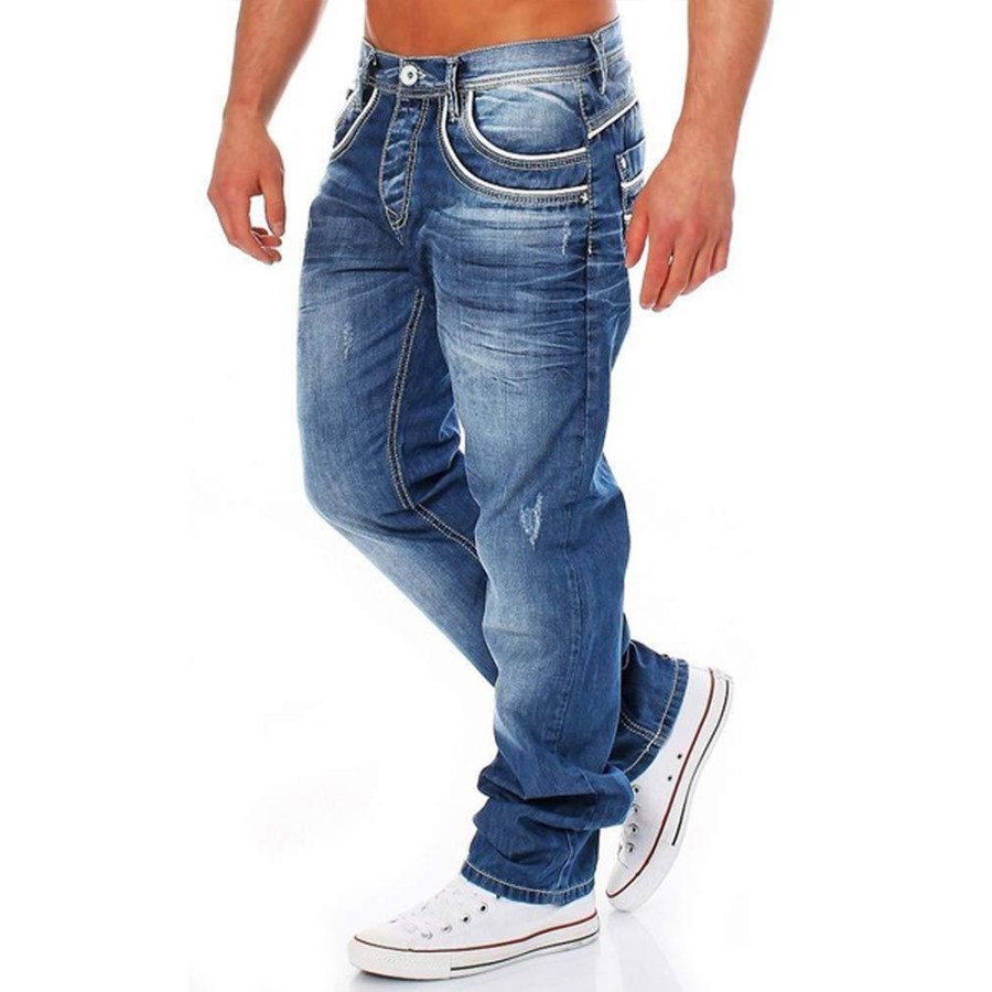 

Herren-Jeans In Vintage-Waschung Mit Reißverschlusstasche Lockere Passform Gerades Bein