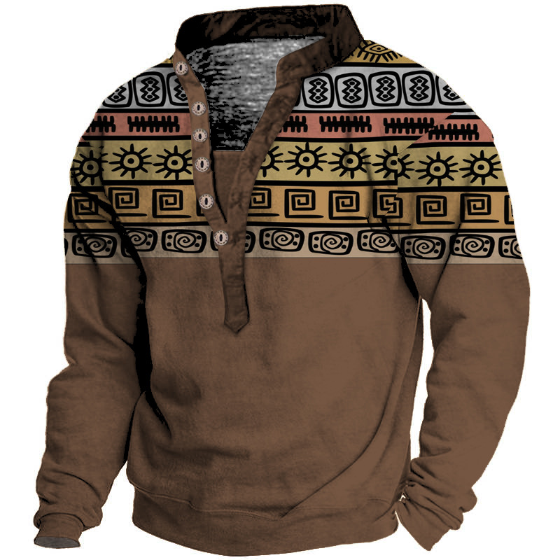 Men's Vintage Ethnic Print Chic Henley Collar Sweatshirt