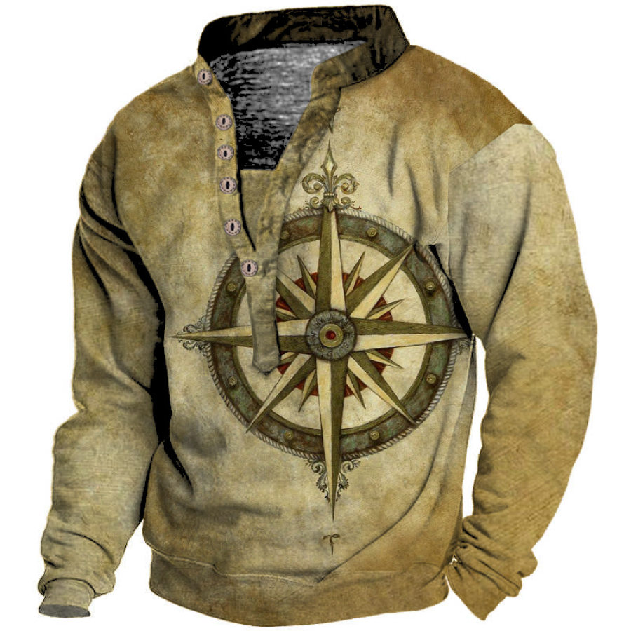 

Men's Vintage Compass Print Henley Neck Sweatshirt