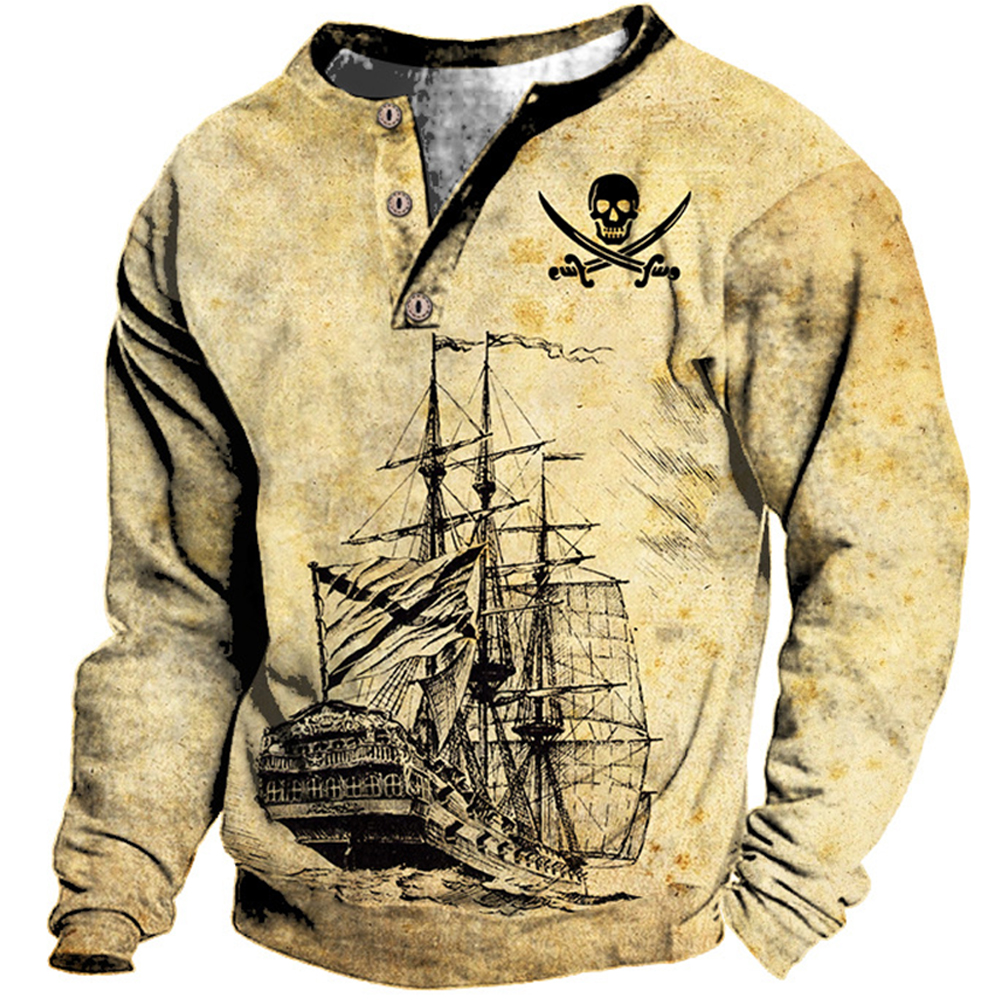 Men's Vintage Pirate Nautical Chic Sail Print Henley Neck Sweatshirt