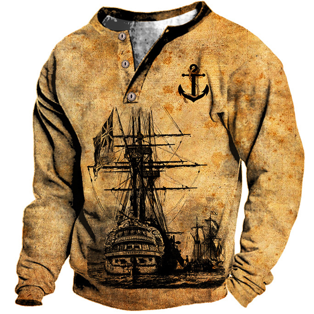 Men's Vintage Anchor Nautical Chic Sail Print Henley Neck Sweatshirt