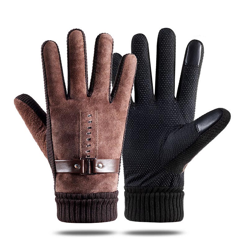 Men's Outdoor Pigskin Plush Chic Warm Windproof Cycling Gloves