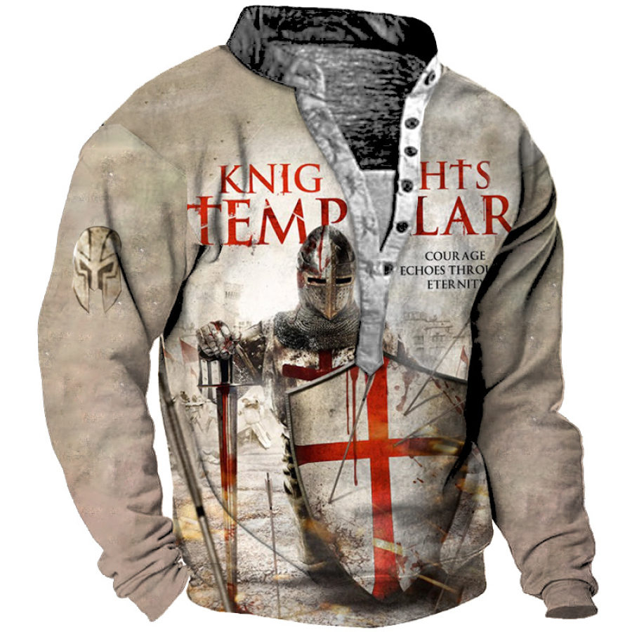 

Men's Vintage Templar Cross Henley Collar Long Sleeve Sweatshirt