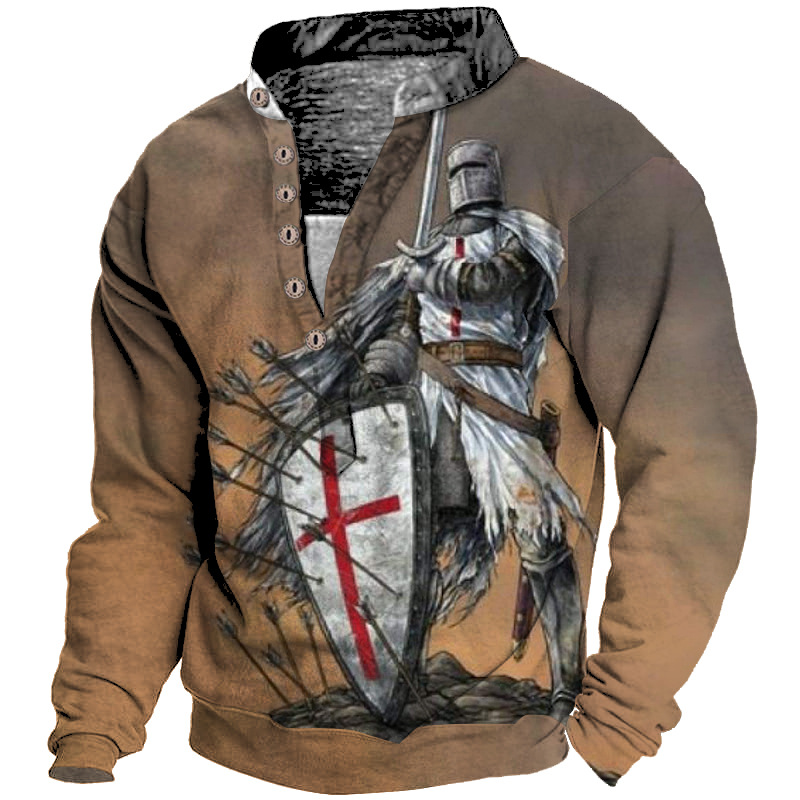 Men's Vintage Templar Cross Chic Henley Collar Long Sleeve Sweatshirt