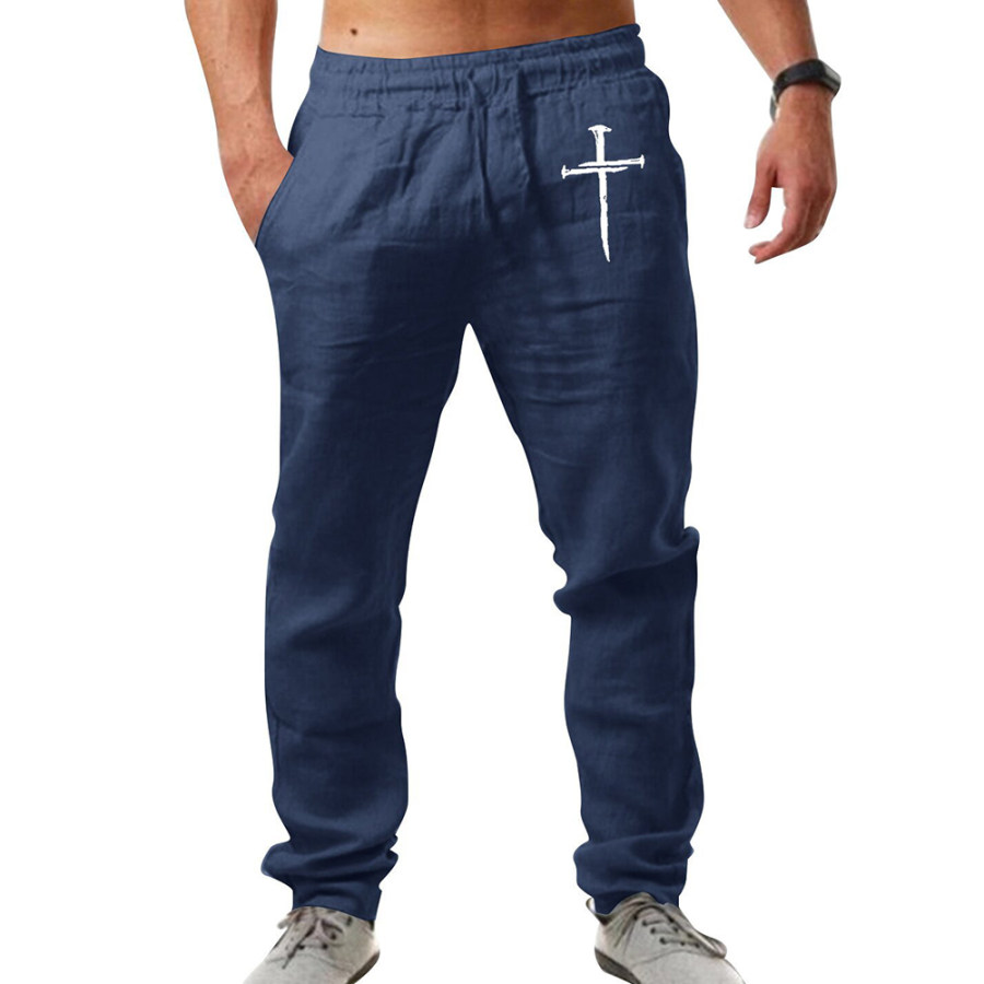 

Men's Jesus Cross Print Breathable Cotton Linen Loose Casual Sports Trousers