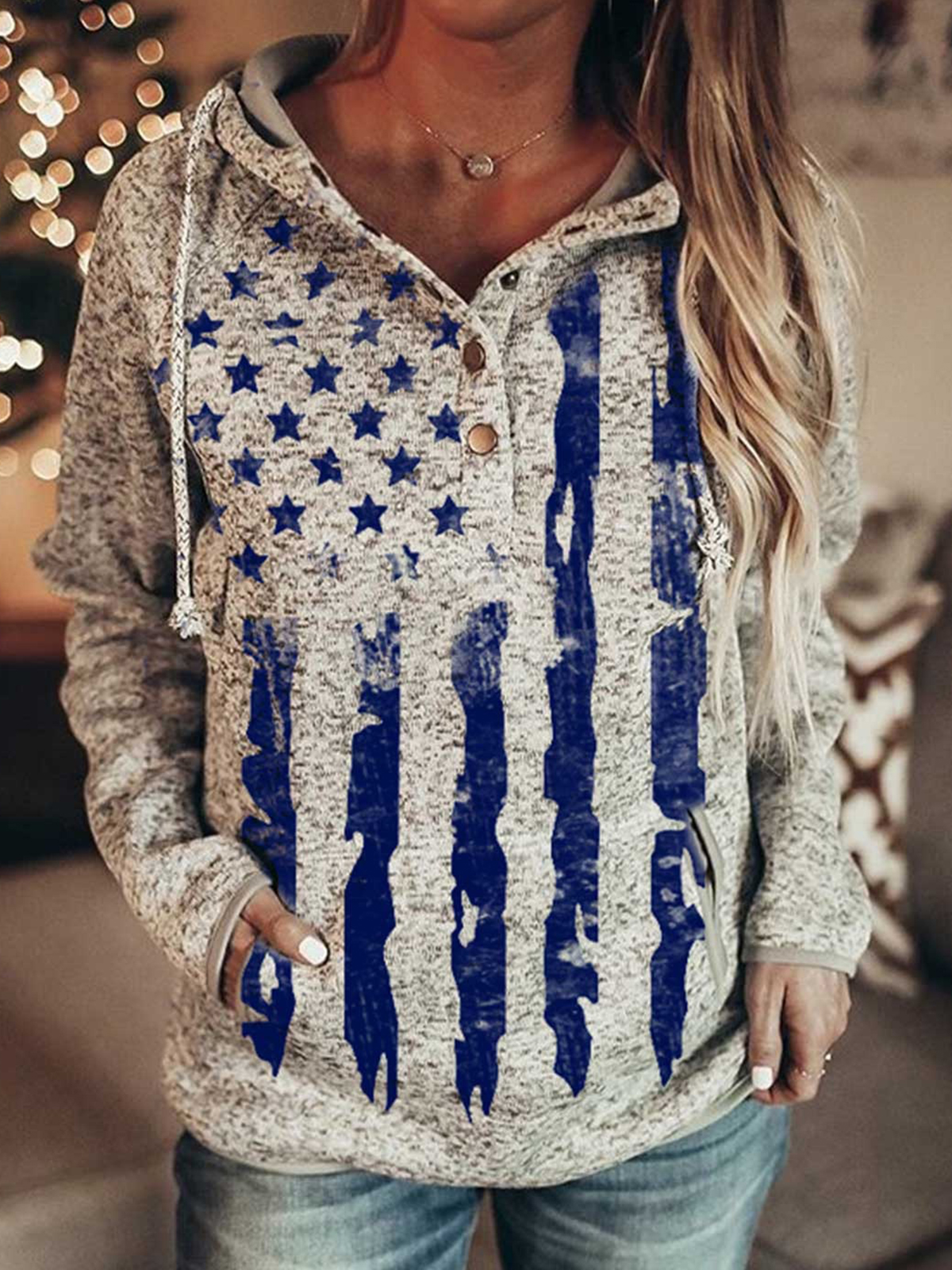 Women's Vintage American Flag Print Chic Hoodie Pocket Sweatshirt