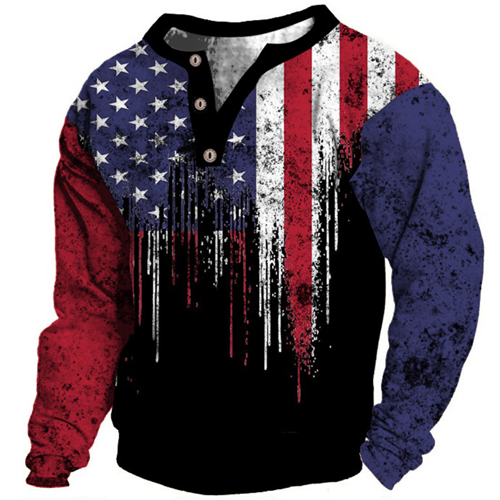 Men's Vintage American Flag Print Chic Colorblock Henley Collar Sweatshirt