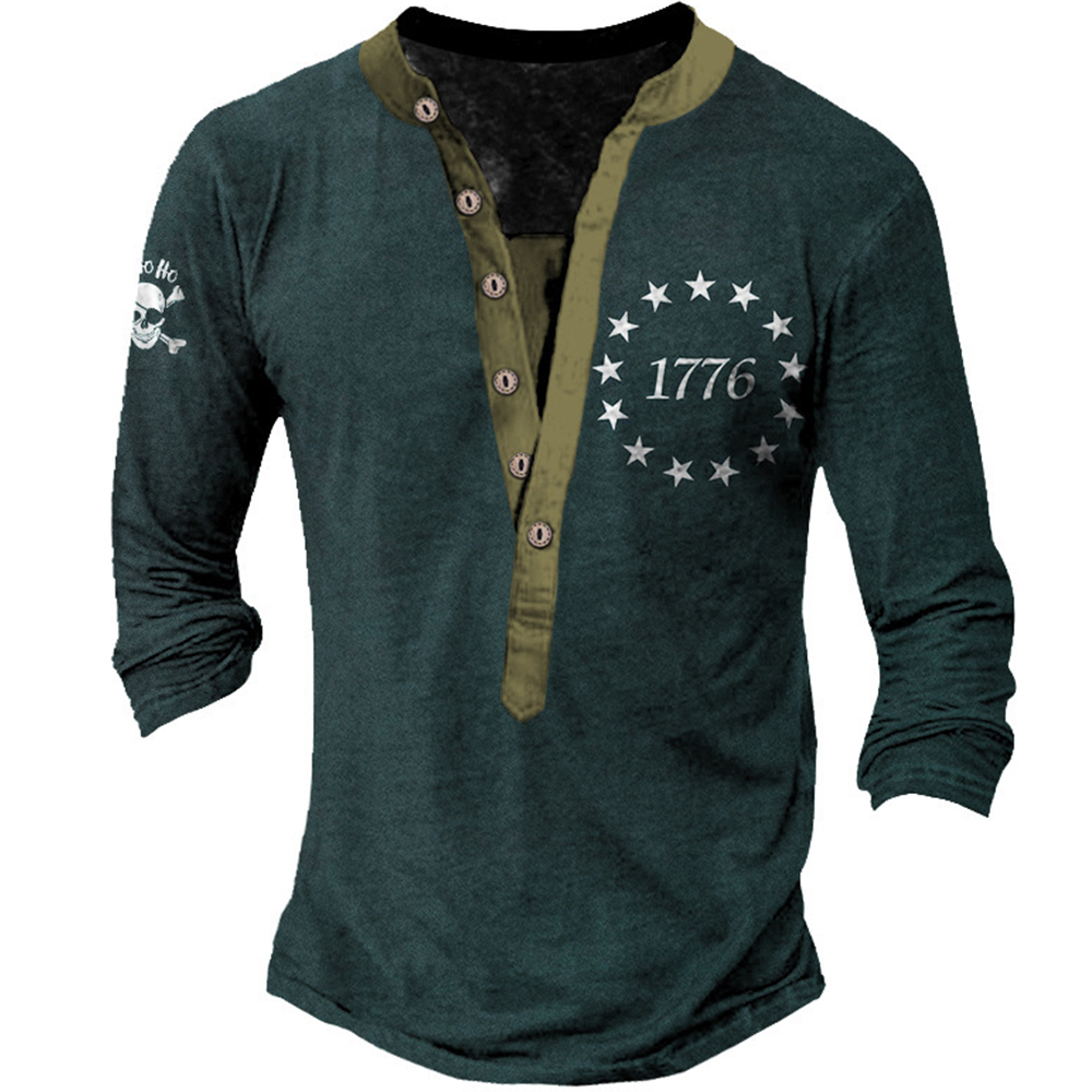 Men's 1776 Independence Day Chic Henley Collar Long Sleeve Top
