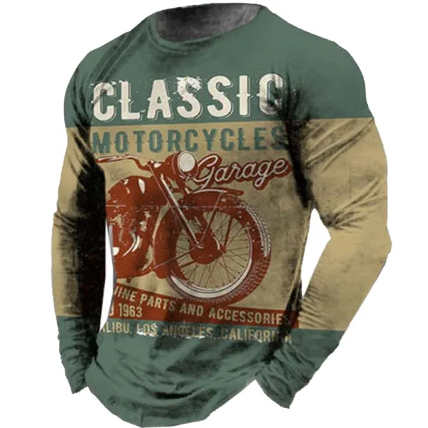 Men's Vintage Motorcycle Print Long Sleeve T-Shirt - Kalesafe.com 