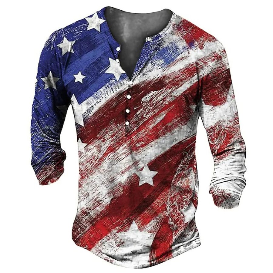 

Men's Vintage American Flag Print Henley Collar Long Sleeve T-Shirt