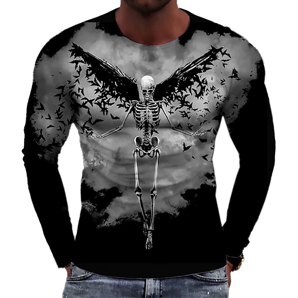 Men's Dark Skull 3d Chic Printed Round Neck Long Sleeve Slim Fit T-shirt