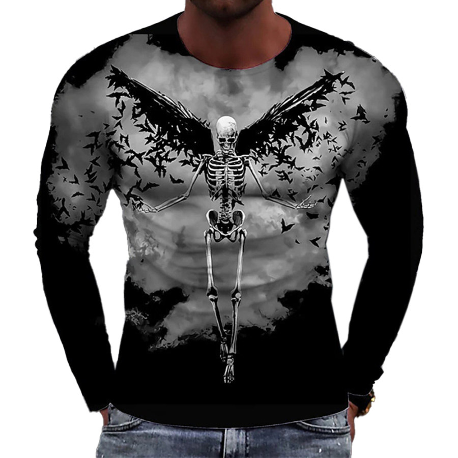 

Men's Dark Skull 3D Printed Round Neck Long Sleeve Slim Fit T-Shirt