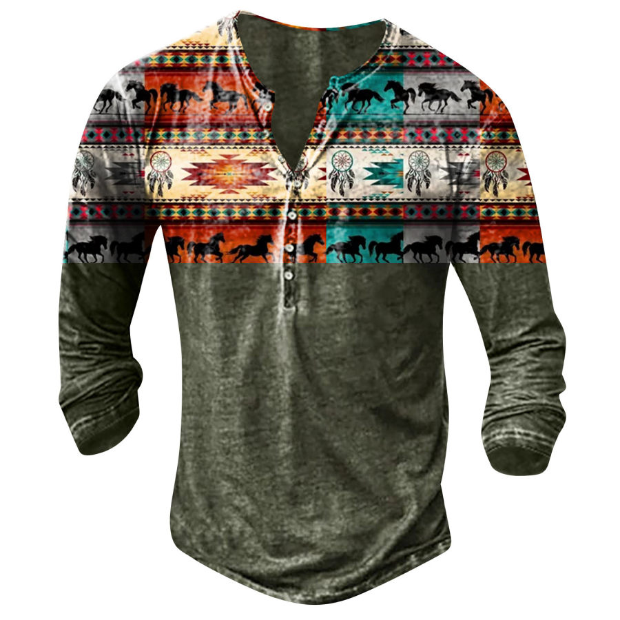 

Men's Western Print Henley Collar Long Sleeve Top