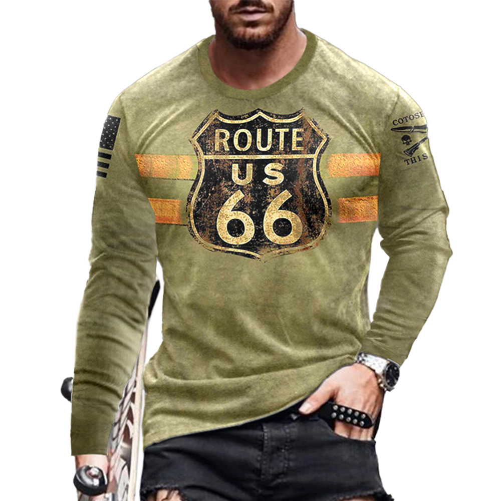 Men's American Route 66 Chic Printed Round Neck Long Sleeve Slim T-shirt