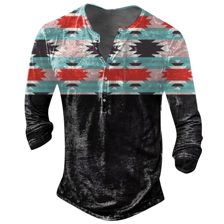 

Men's Western Print Henley Collar Long Sleeve Top