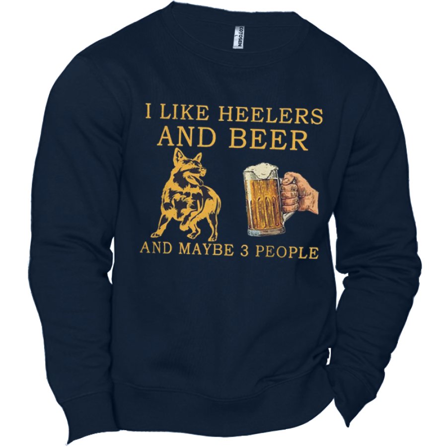 

I Like Heelers And Beer Maybe 3 PeopleMen's Fun Shepherd Beer Graphic Print Crew Sweatshirt