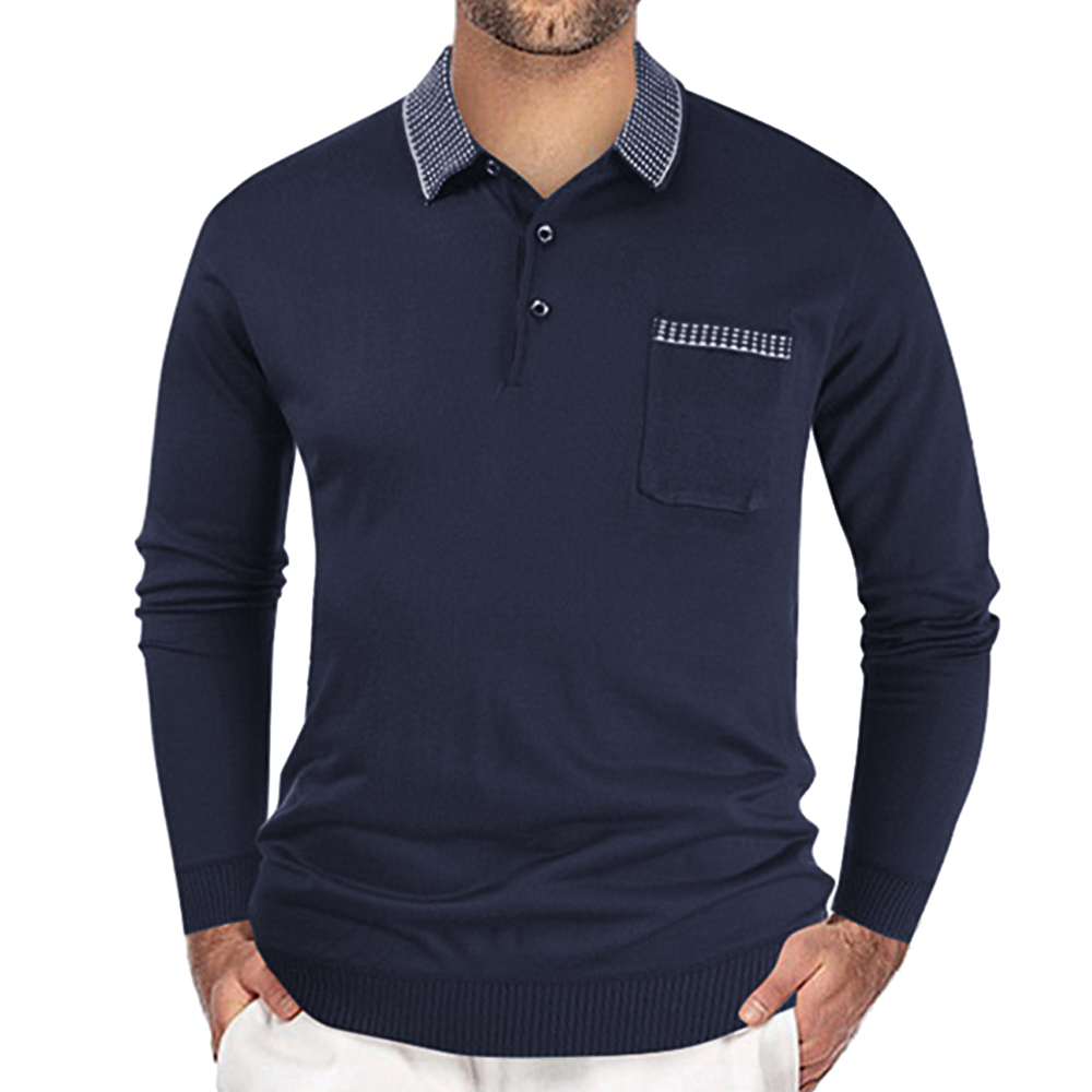 Men's Outdoor Casual Stitching Chic Polo Neck Knitted Long Sleeves