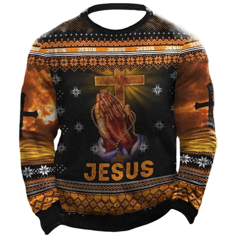 Men's Retro Jesus Cross Print Chic Crew Neck Sweatshirt