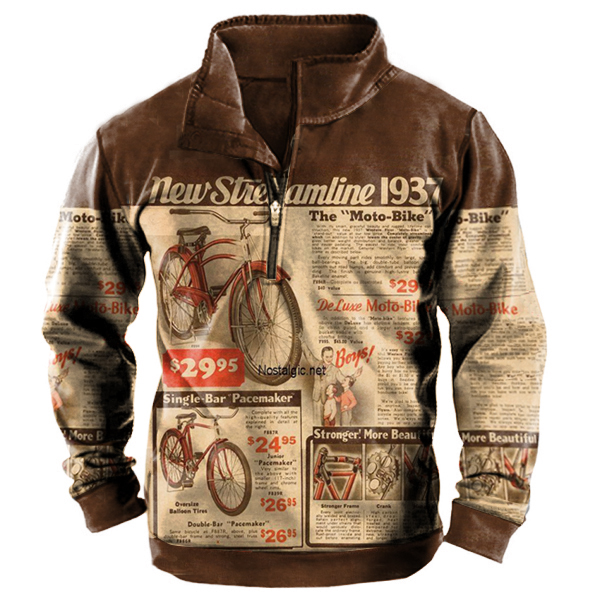 1937 Western Dave's Vintage Chic Bicycles Print Men Stand Collar Sweatshirt