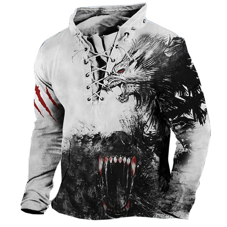 

Men's Outdoor Wolf Print Lace-Up Hooded T-Shirt