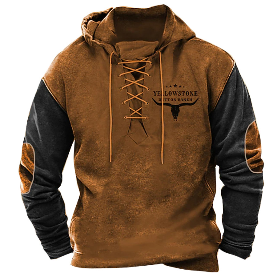 

Men's Vintage Western Yellowstone Colorblock Lace-Up Hoodie