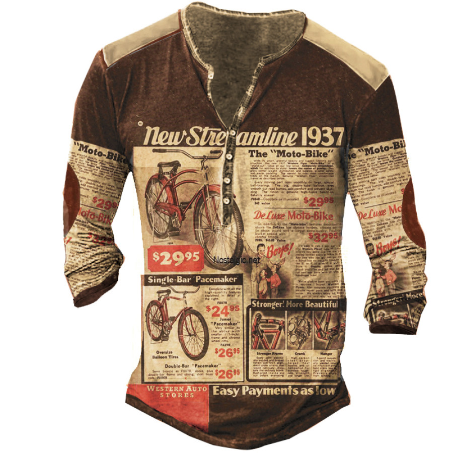 

1937 Western Dave's Vintage Bicycles Print Men Henley T-shirt