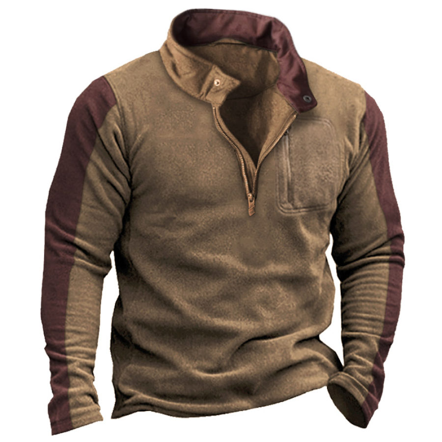 

Men's Polar Fleece Color Block Quarter Zip Stand Collar Sweatshirt