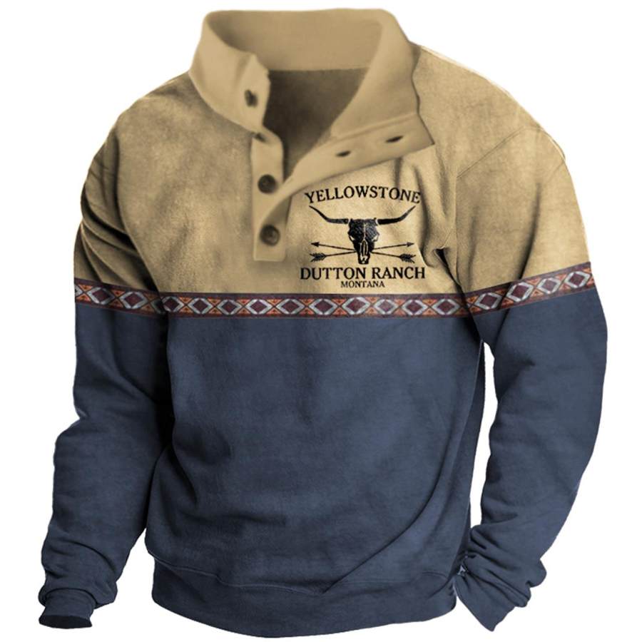 

Men's Vintage Yellowstone Skull Bull Colorblock Quarter Button Sweatshirt