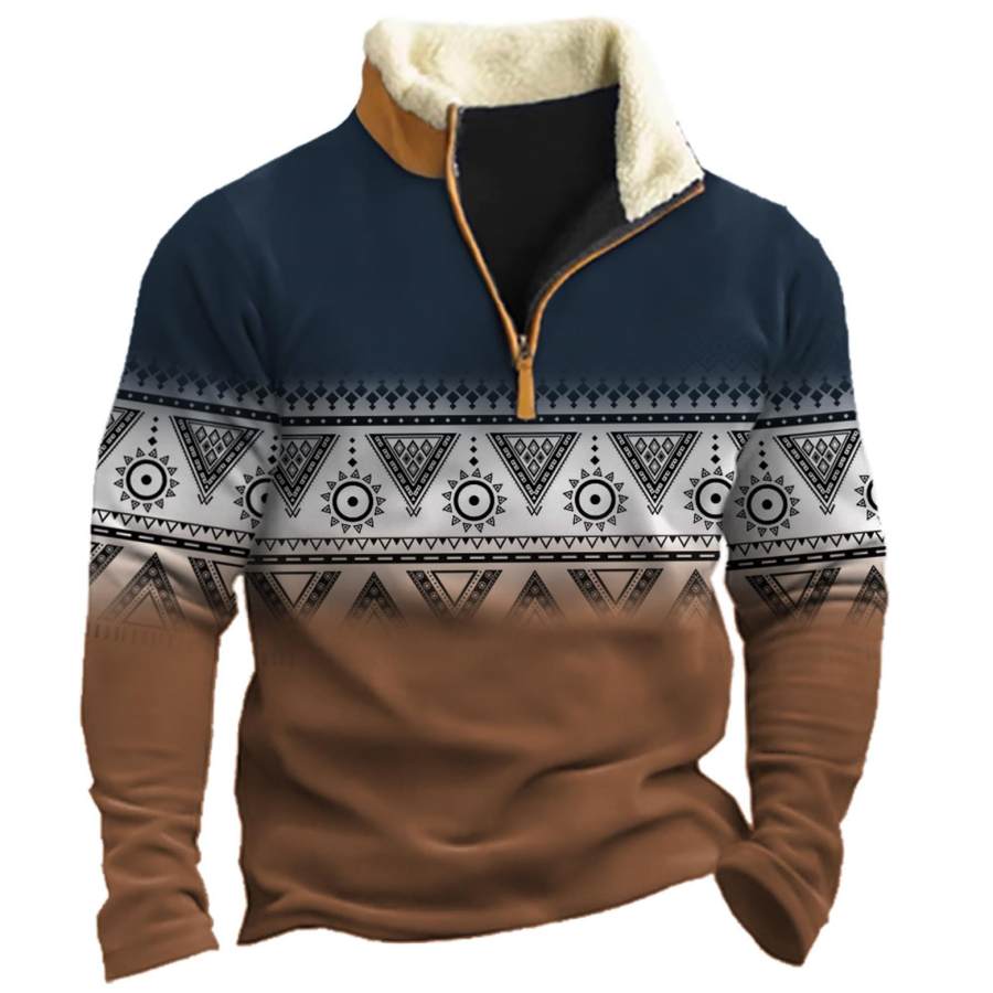 

Men's Vintage Ethnic Aztec Colorblock Quarter Zip Stand Collar Sweatshirt