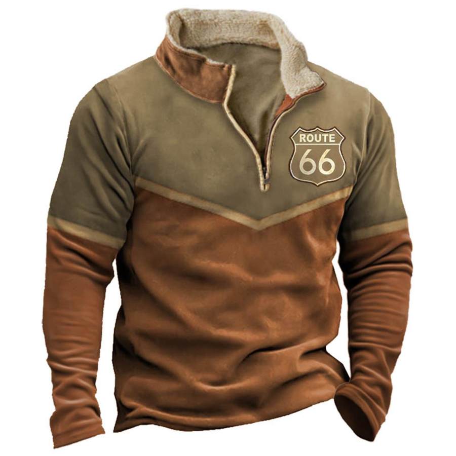 

Men's Vintage Route 66 Colorblock Quarter Zip Stand Collar Sweatshirt