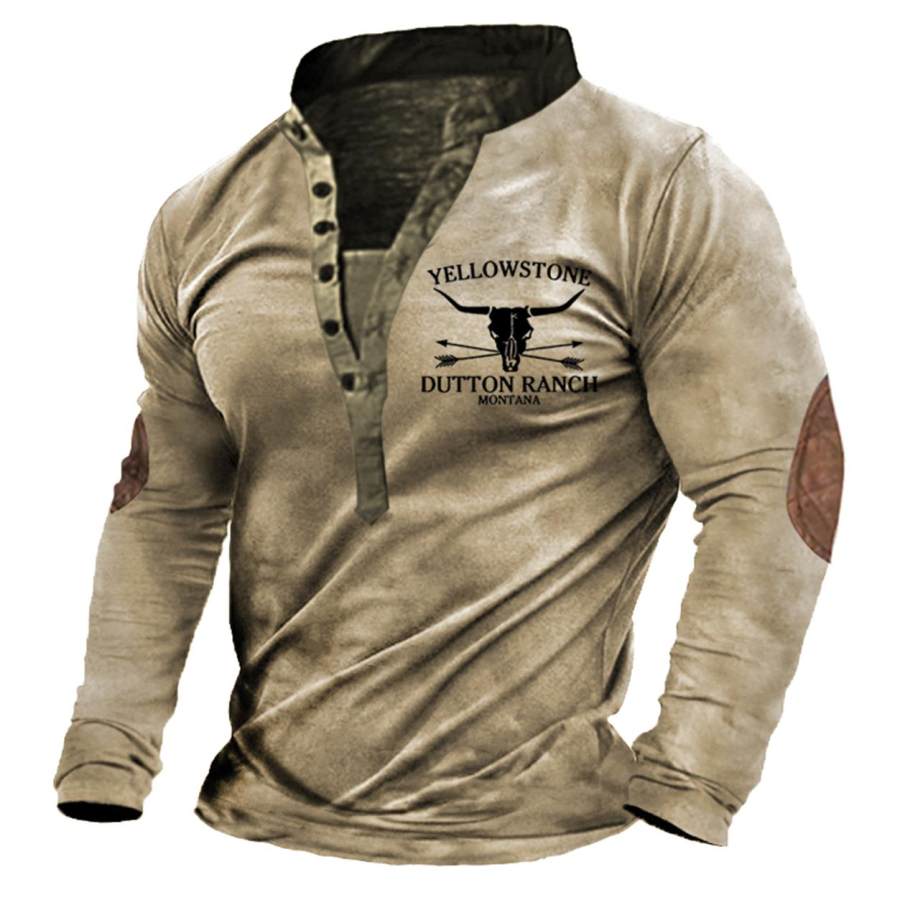 

Men's Vintage Yellowstone Skull Henley Long Sleeve T-Shirt