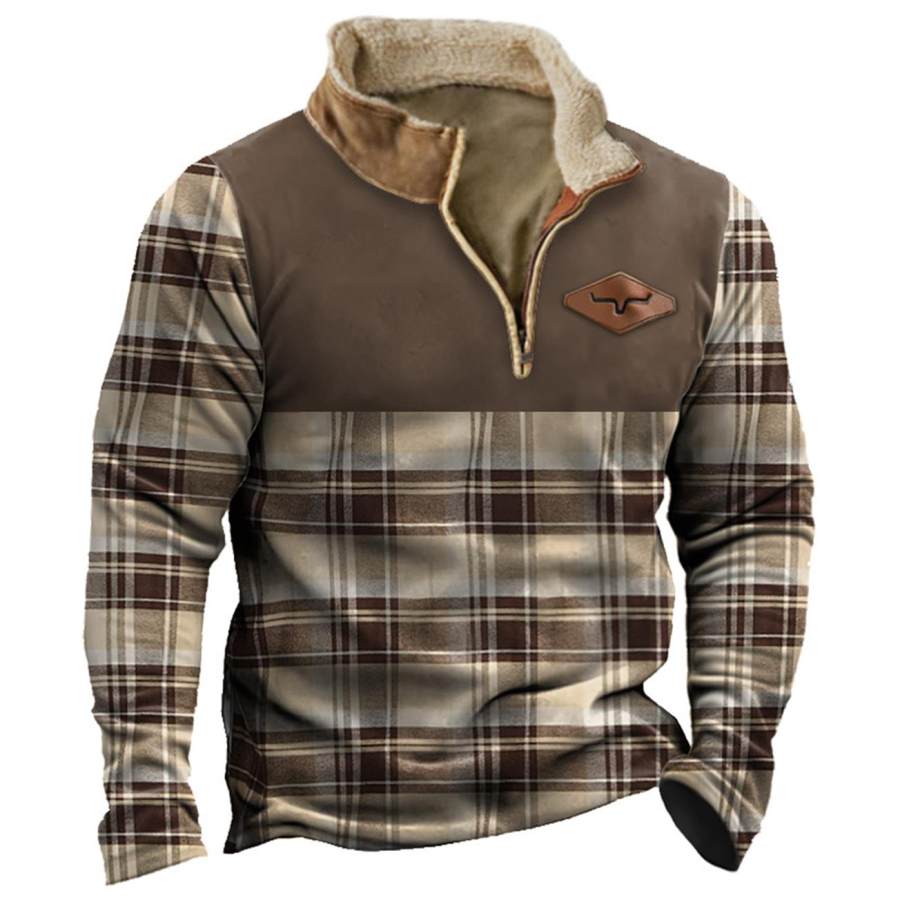 

Men's Western Cowboy Plaid Quarter Zip Stand Collar Sweatshirt