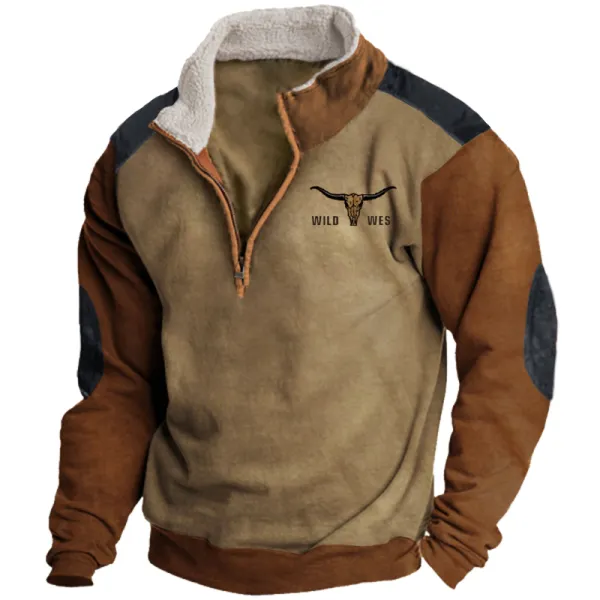 Men's Vintage Western Cowboy Colorblock Zipper Stand Collar Sweatshirt - Chrisitina.com 