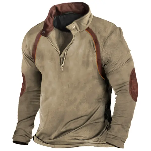 Men's Retro Colorblock Casual Quarter Zip T-Shirt - Sanhive.com 