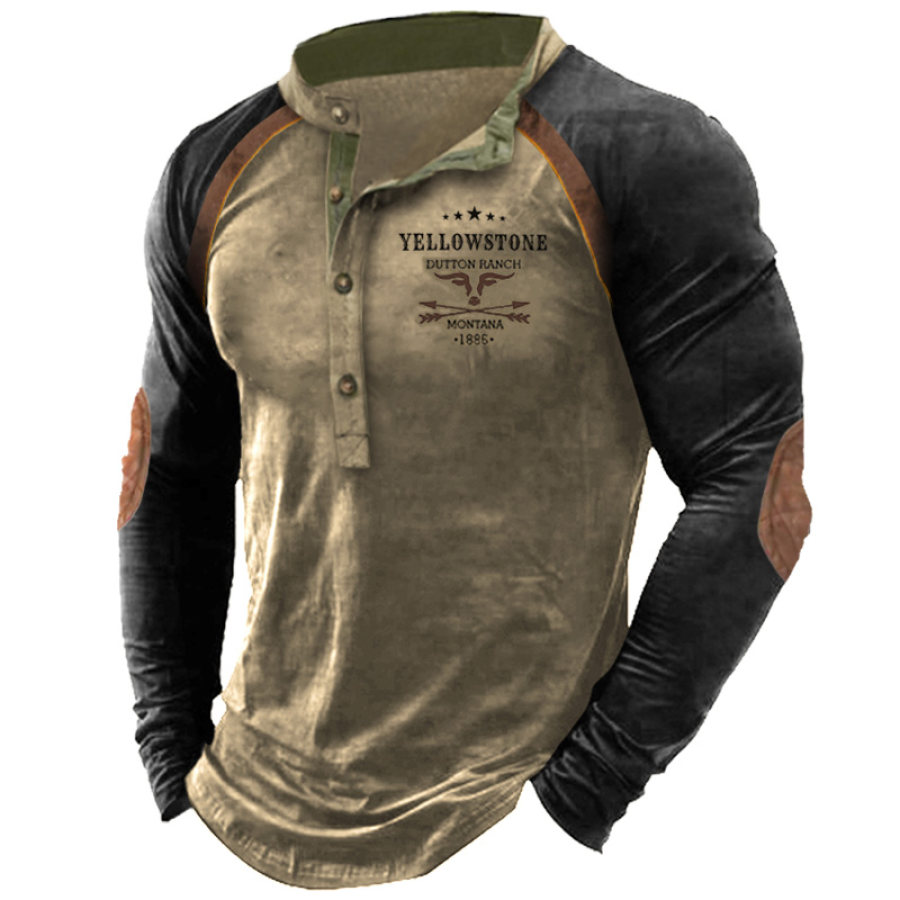 

Men's Vintage Western Yellowstone Raglan Colorblock Henley T-Shirt