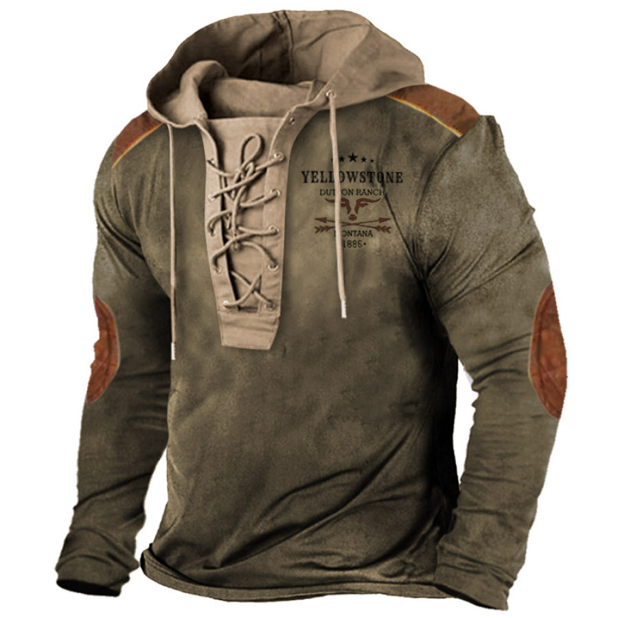 

Men's Vintage Western Yellowstone Lace-Up Hooded T-Shirt