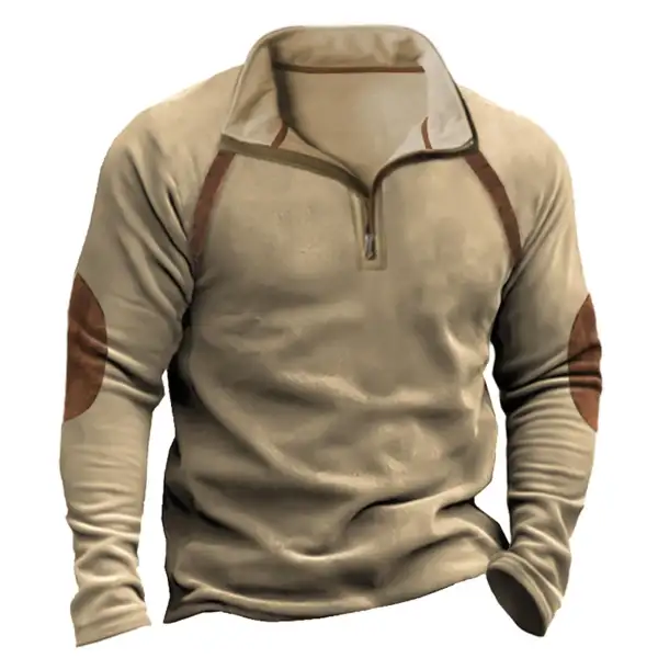 Men's Outdoor Fleece Warm Contrast Quarter Zip Stand Collar Sweatshirt - Nikiluwa.com 