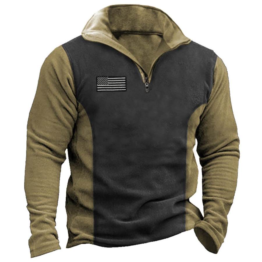 

Men's American Flag Fleece Warm Colorblock Quarter Zip Stand Collar Sweatshirt