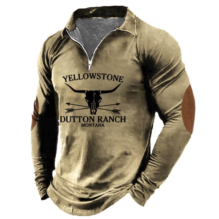 

Men's Vintage Yellowstone Skull Polo Zip Long Sleeve T-Shirt