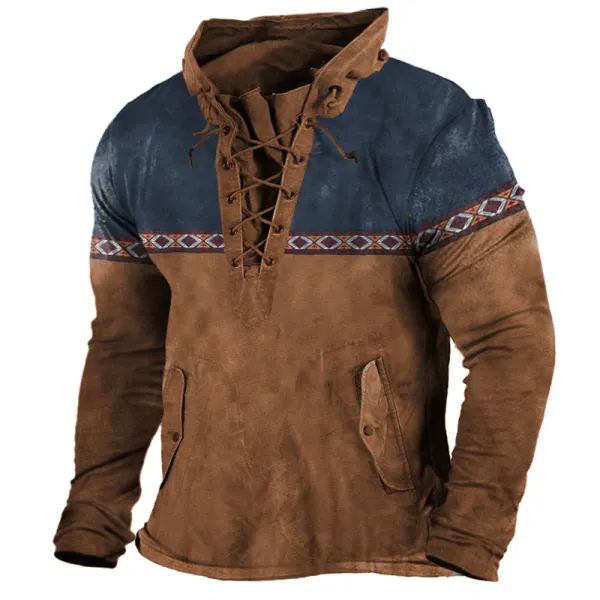 Men's Aztec Western Cowboy Henley Shirt - Nikiluwa.com 